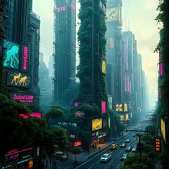 Cyberpunk Cityscape with Dinosaur Statue