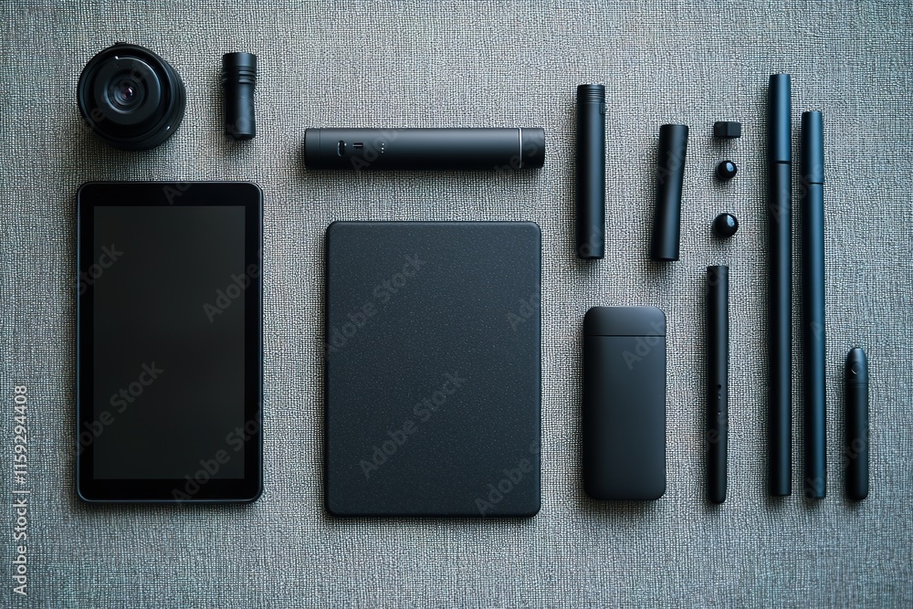 Poster clean flat lay of editing tools including stylus and tablet arranged on matte surface under soft lig