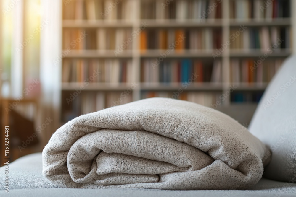 Poster cozy blanket folded neatly on sofa with blurred bookshelf in background under soft natural light