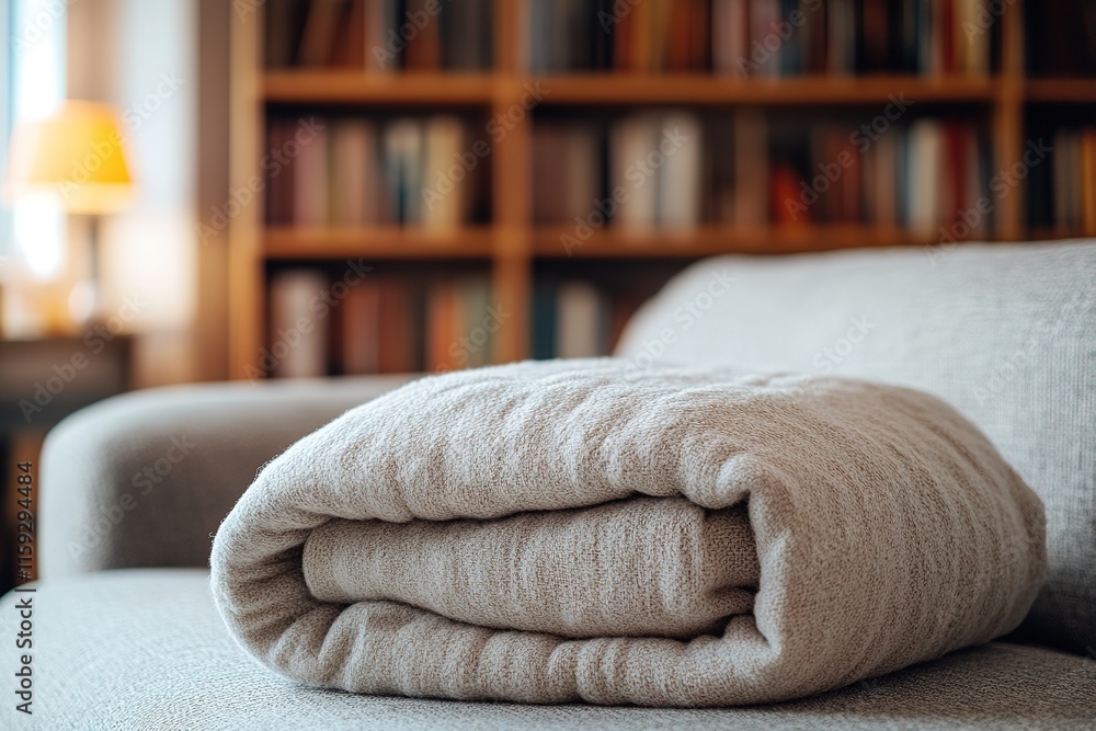 Poster cozy blanket folded neatly on sofa with blurred bookshelf in background under soft natural light