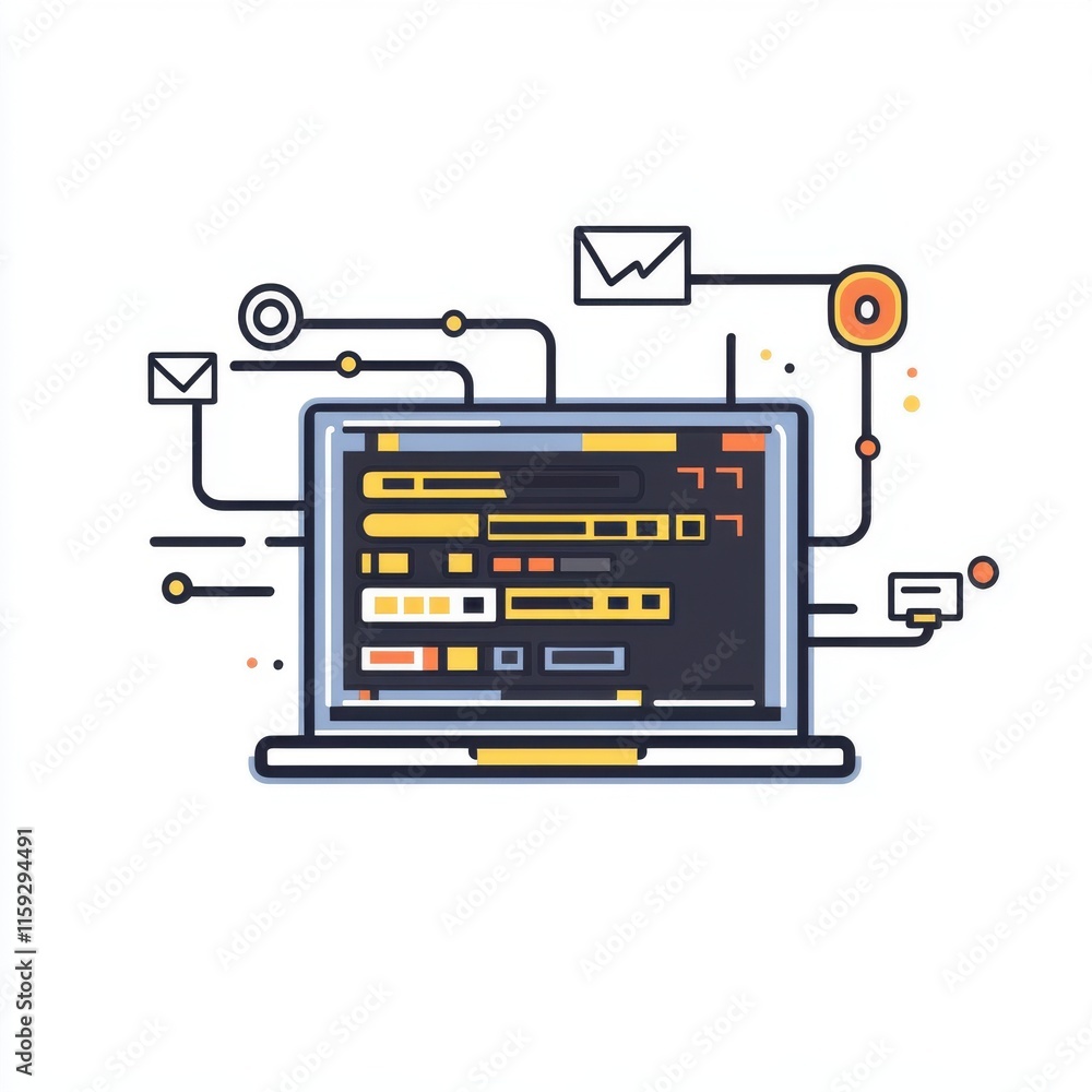 Poster a digital illustration of a laptop showcasing coding and connectivity with icons for communication.