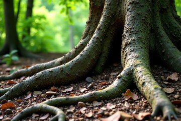 Fossilized tree trunk with roots exposed on rocky terrain, natural wonder, forest, geology