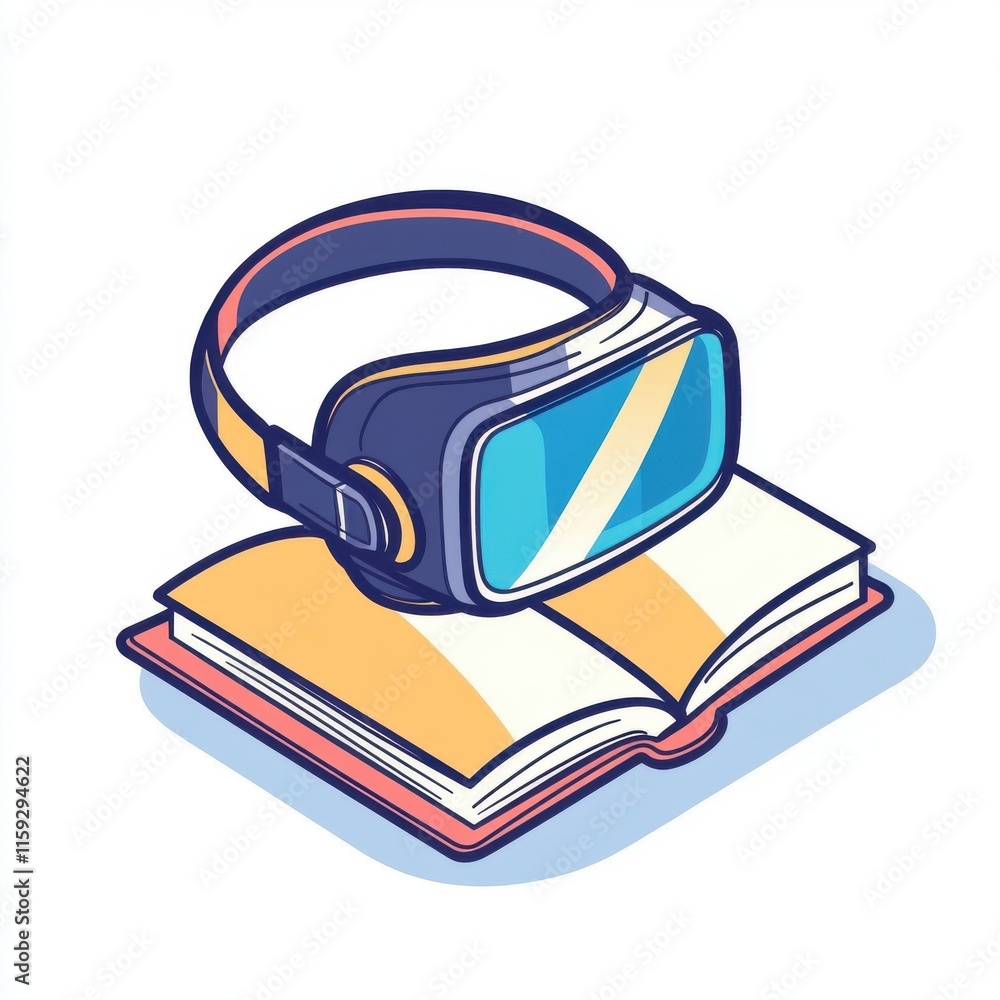 Poster a vibrant illustration of a virtual reality headset resting on an open book, symbolizing the fusion 