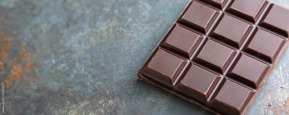 Poster minimal chocolates idea. a close-up view of a rich, dark chocolate bar on a textured surface.