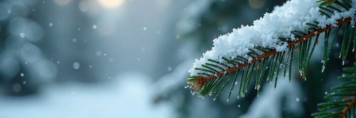 frosty white snowflakes settle on pine needles, wintry scene, white snow