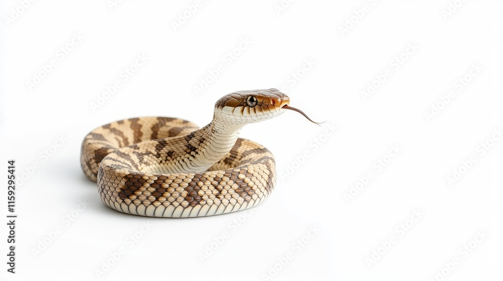 Poster a captivating close-up of a brown and cream colored snake with distinctive patterns on a white backg