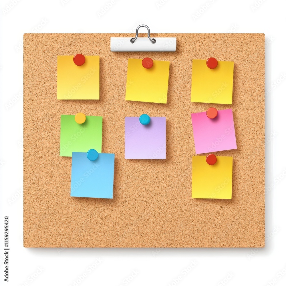 Poster colorful sticky notes pinned on a corkboard, creating a cheerful and organized workspace.