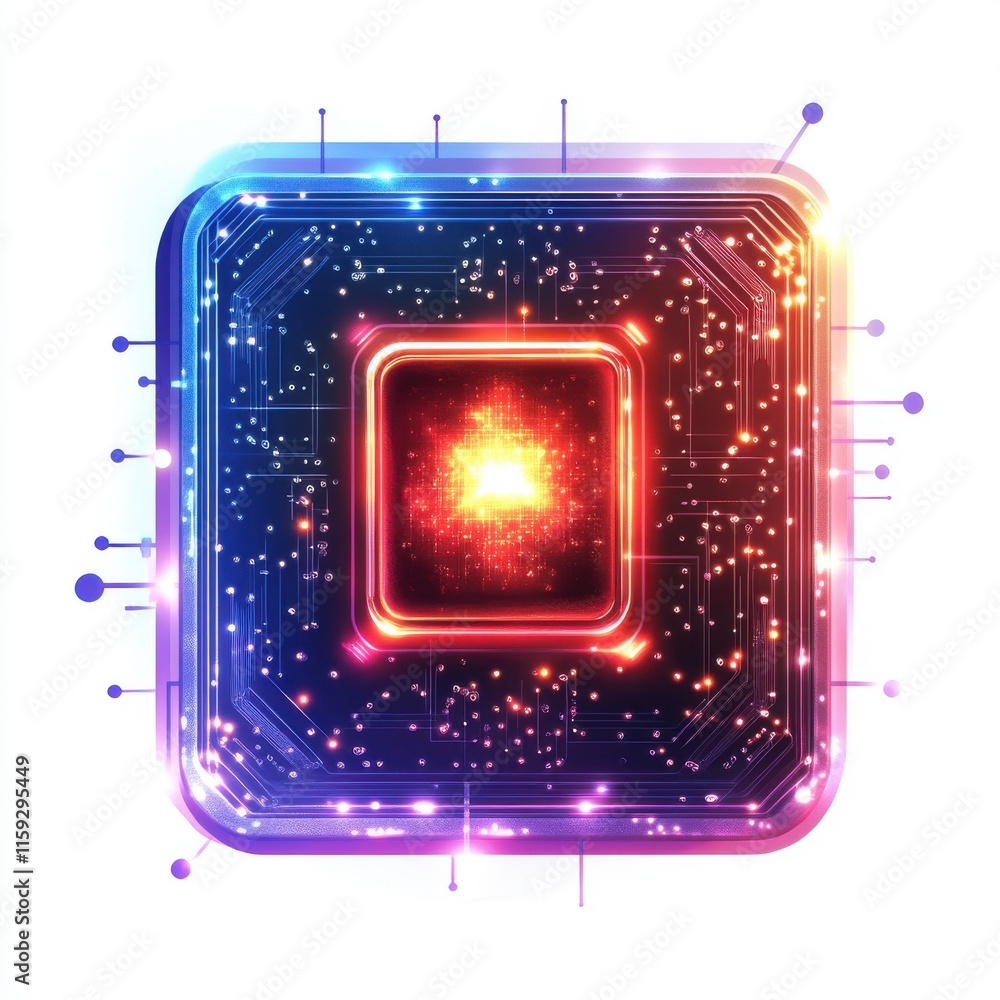 Poster abstract image of a glowing microchip design, showcasing vibrant colors and intricate circuit patter