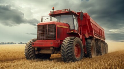 Fototapeta premium Red Tractor in Countryside with Dramatic Sky and Textures