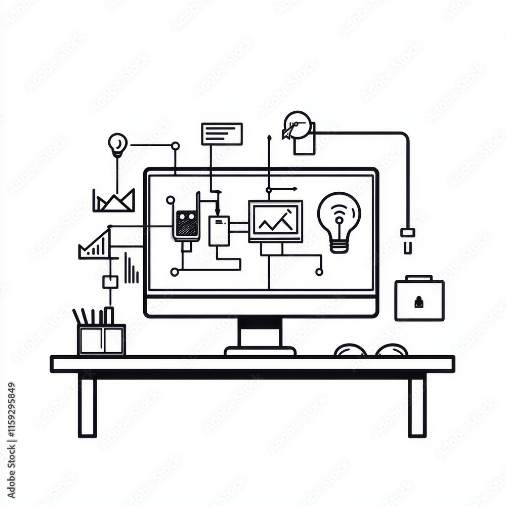 Aufkleber a modern workspace featuring a computer with tech illustrations, symbolizing digital innovation and 