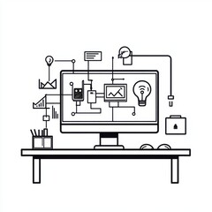 A modern workspace featuring a computer with tech illustrations, symbolizing digital innovation and productivity.