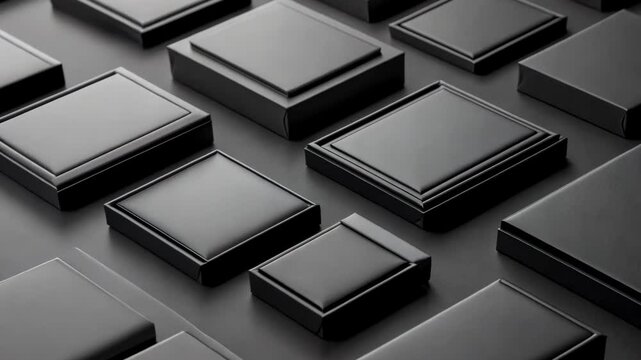 Collection of black geometric boxes arranged on a dark surface showcasing minimalistic design elements and textures