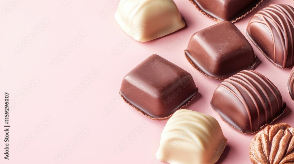 Poster minimal chocolates concept. delicious assorted chocolates displayed elegantly on a soft pink backgro