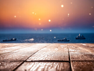 Wooden Deck Overlooking Calm Sea at Sunset