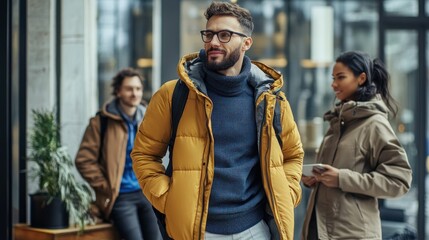 Fototapeta premium Young man in yellow puffer jacket walking outdoors with friends.