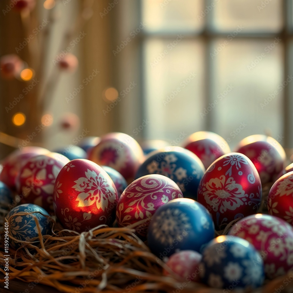 Poster a bunch of decorated eggs are arranged in a basket. the eggs are of different colors and sizes, and 