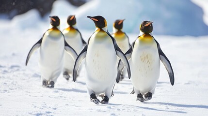 Fototapeta premium King penguins walking on snow in Antarctica.