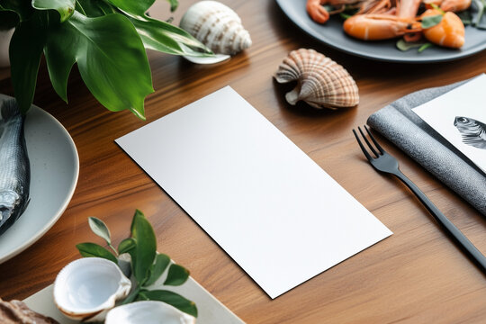 A greeting card mockup featured on a seafood menu with illustrations of fish and shells, evoking coastal dining vibes.