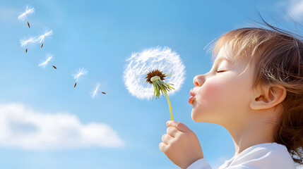 Child blowing dandelion seeds, symbolizing dreams and innocence