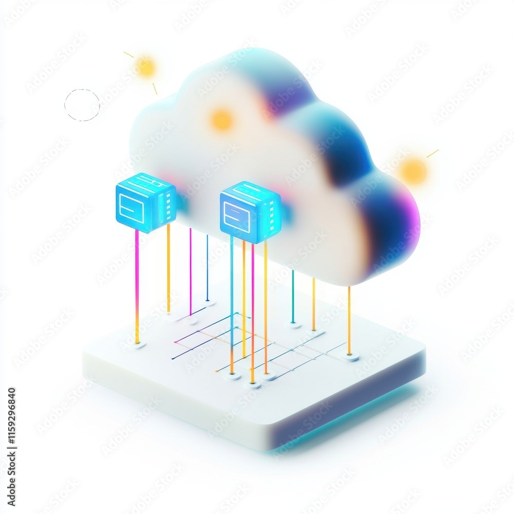 Poster futuristic cloud computing concept with colorful data streams connecting servers to a stylized cloud