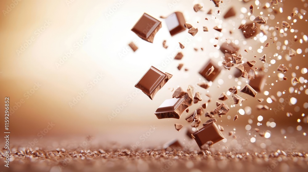 Poster minimal chocolates concept. delicious chocolate pieces exploding in a burst of sweetness and joy.
