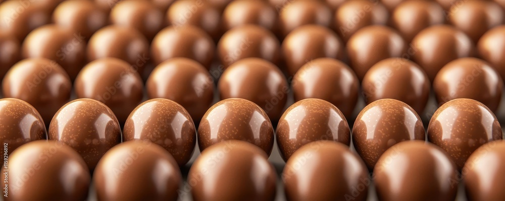 Poster minimal chocolates concept. close-up view of shiny brown chocolate spheres arranged in orderly rows.