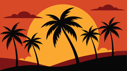 coconut trees in silhouette against sunset nature vector illustration
