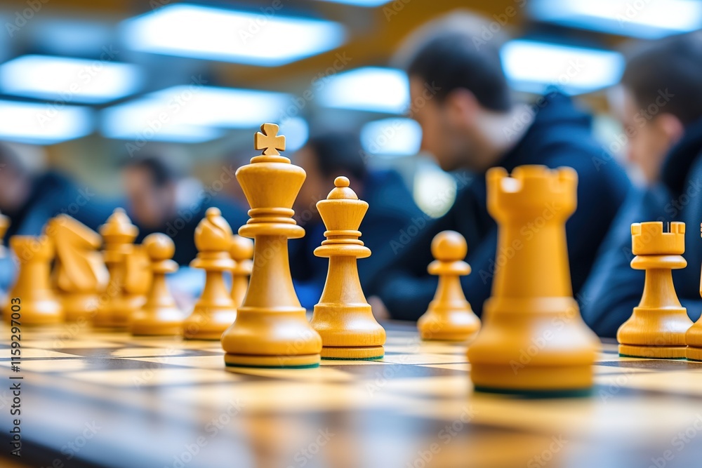 Poster wide shot of chess game with blurred players in background chessboard in focus