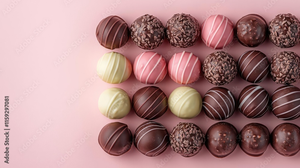 Poster minimal chocolates concept. a colorful display of assorted chocolate truffles on a pink background.