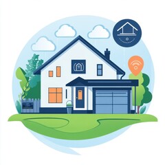 Naklejka premium A modern, digital illustration of a smart home surrounded by trees and clouds, showcasing technology and comfort.