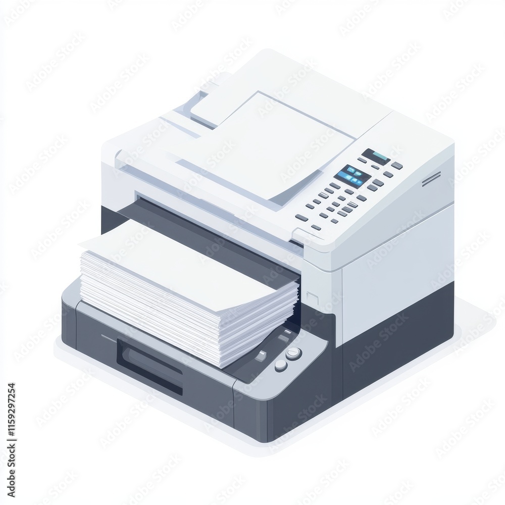 Poster a modern multifunction printer with a stack of blank paper ready for printing.