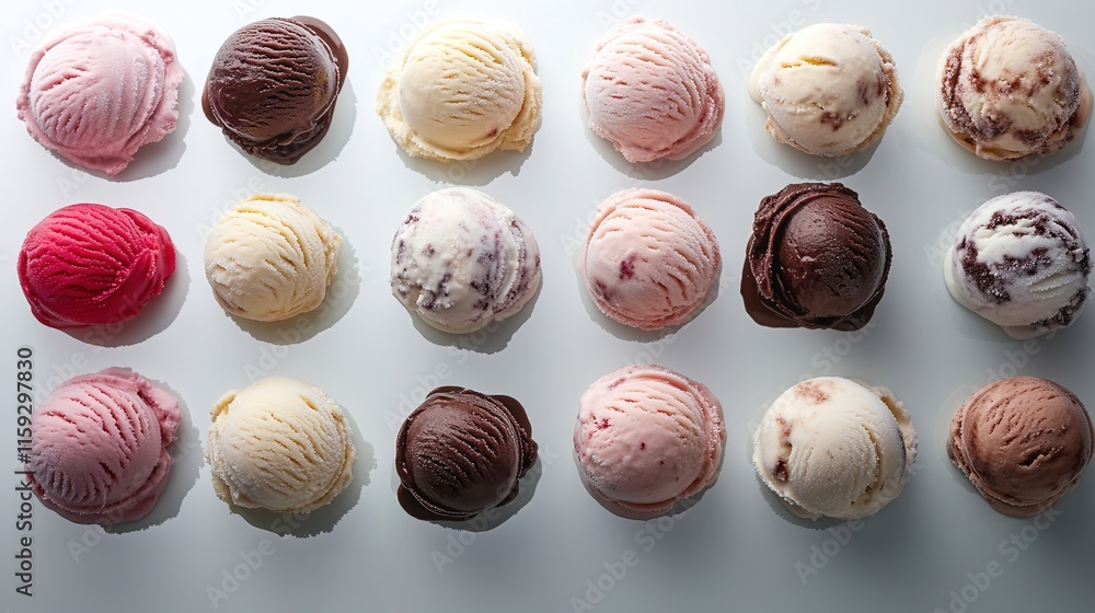 Poster flat lay of assorted ice cream scoops arranged symmetrically on reflective white ceramic surface und