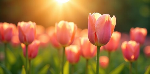 Fototapeta premium Morning light highlights the delicate peach hues of open tulips, soft focus, morning light