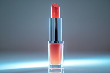 glowing lip gloss container displayed upright on reflective white surface with faint reflections