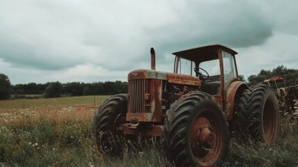 Obraz premium Rustic Machinery in Overcast Field Landscape