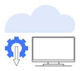 Gear with download arrow beside computer monitor beneath large cloud. Ideal for cloud computing, technology, IT infrastructure, data management, software updates, tech support, and online storage