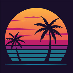 silhouette of sunset landscape with palm tree on retro striped vintage background