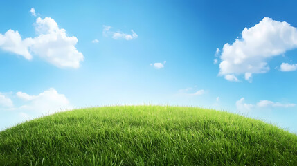 Fototapeta premium Green Grass Hilltop: A serene scene with a lush grassy hilltop reaching towards a bright blue sky filled with fluffy white clouds. This picture evokes a sense of peace and tranquility.