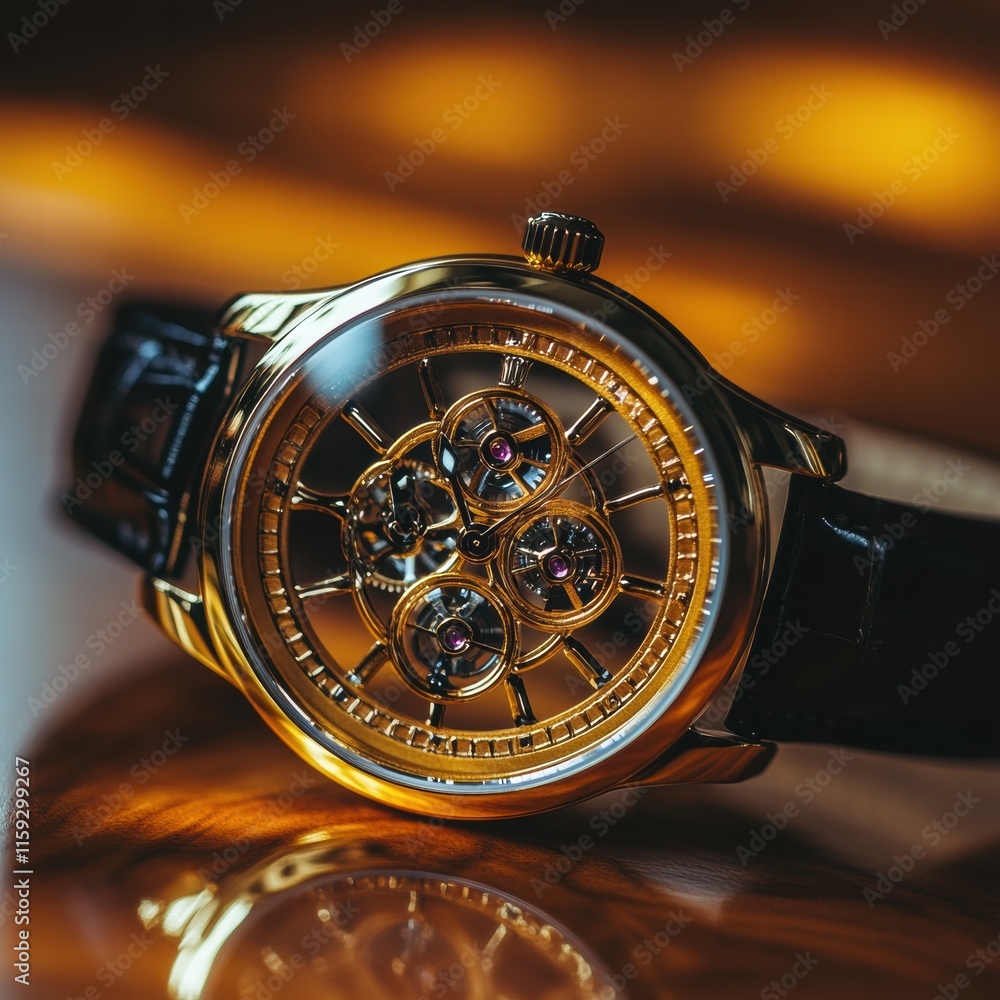 Poster elegant luxury wristwatch with a golden frame and intricate design resting on a polished wooden surf