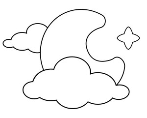 Moon with clouds and star - vector linear picture for coloring. Outline. Moon in the clouds and star for coloring book	