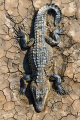 Fototapeta premium Alligator lies in dried mud, showing its scales and texture.