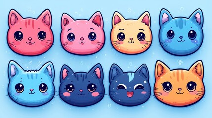 Eight adorable cartoon cat faces in various colors.