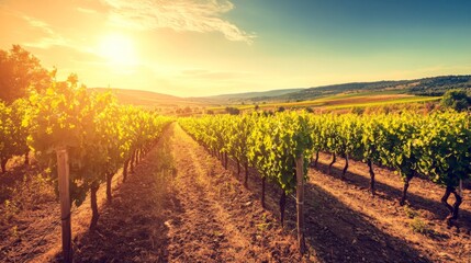 Naklejka premium Scenic Vineyard Under Bright Sunlight Panorama