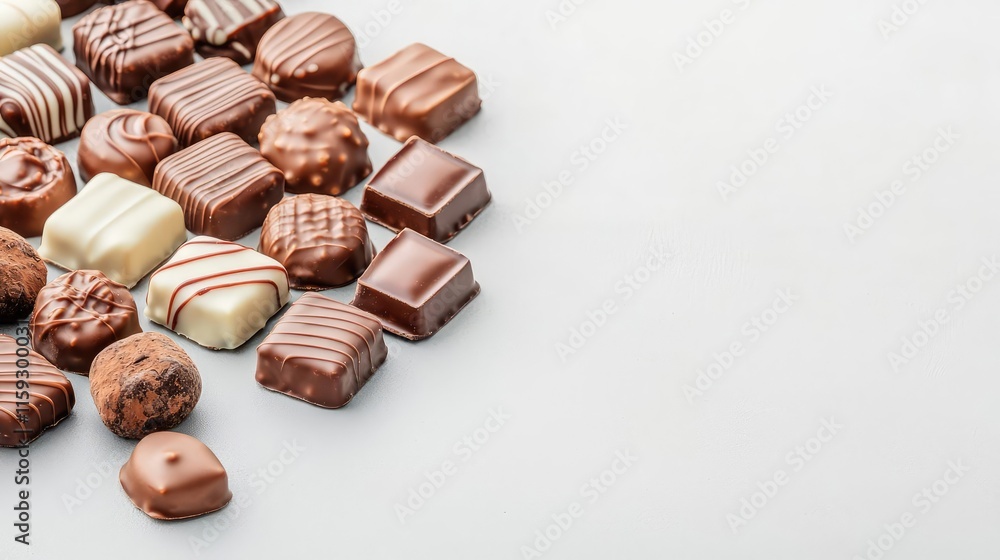 Poster minimal chocolates concept. a collection of assorted chocolates arranged elegantly on a light backgr