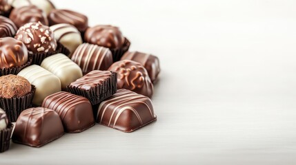 Fototapeta premium Minimal chocolates concept. Assorted gourmet chocolates arranged on a white surface for an elegant presentation.