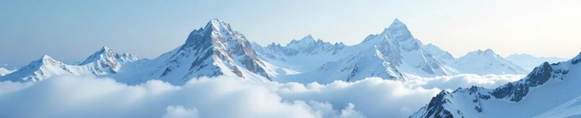 Obraz premium Snow-capped mountain peaks rising into misty grey clouds, frozen landscape, serene landscape, snow mountains