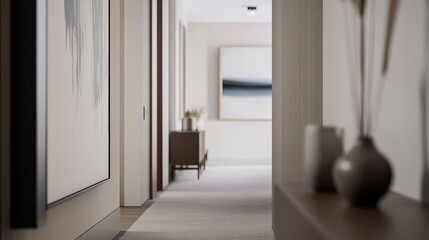 Contemporary minimalist hallway with minimal furniture. Featuring a clean, open layout with modern lines