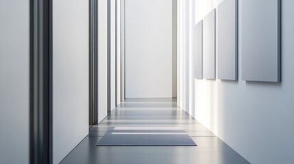 Contemporary minimalist hallway with minimal furniture. Featuring a clean, open layout with modern lines