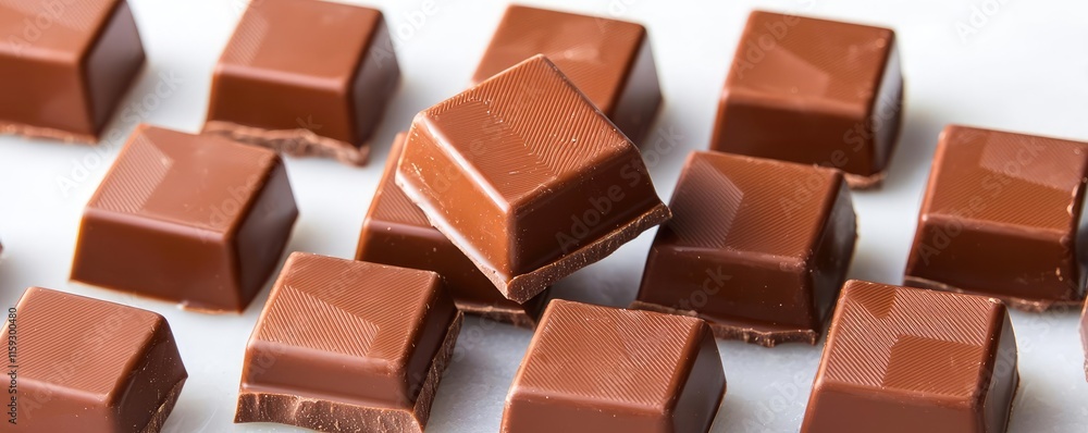 Poster minimal chocolates concept. delicious chocolate squares arranged in an artistic pattern on a light b