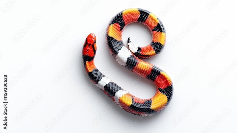 Poster colorful snake on a white background showcasing striking patterns and realistic details with emphasi